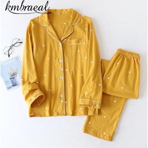 Womens Pajamas Spring and Autumn Pure Cotton Sleepwear Love Sweet Homewear Casual Long-sleeved Trouser Two-piece Set Plus Size