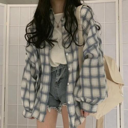 Tops Collar Loose Plaid Shirt Girls Korean Version Mid-length Vintage Casual Lantern Sleeve Women Blouses
