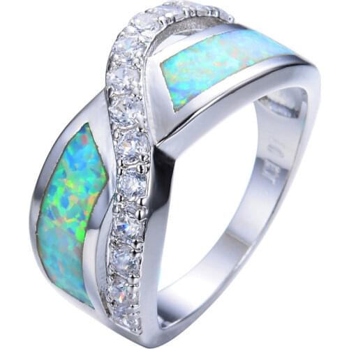 Charm Female Blue Opal Stone Ring Trenty Silver Color Wedding Ring Vintage Hollow Cross Big Engagement Rings For Women