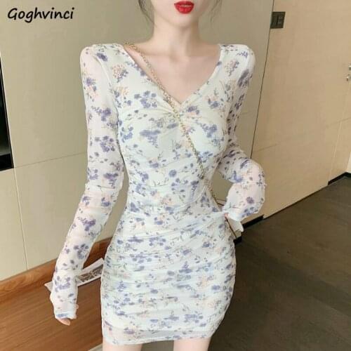 Long Sleeve Dress Women Leisure Floral Printed Bodycon Sheath Woemens Slim Sexy V-neck Night Club Elegant New Chic Ins Ulzzang