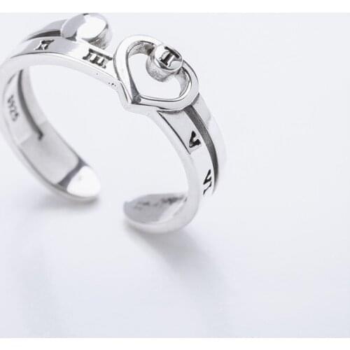 925 Sterling Silver Rings For Women Silver Fine Jewelry Engagement Ring Resizable Heart Shape Roman Numerals Hollow Out Design