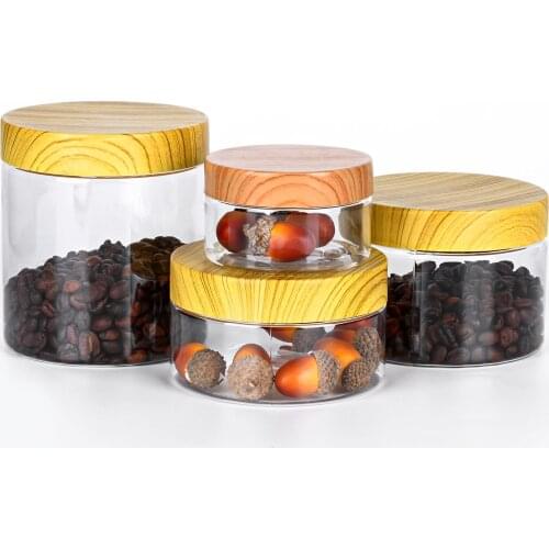 100ml 200ml 300ml 500ml Empty Clear Pet Jars Containers With Plastic Imitation Wood Lids Transparent Plastic Storage Bottle