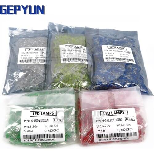 1000pcs Red Green Yellow White Blue 3mm led light-emitting new original Gepyun