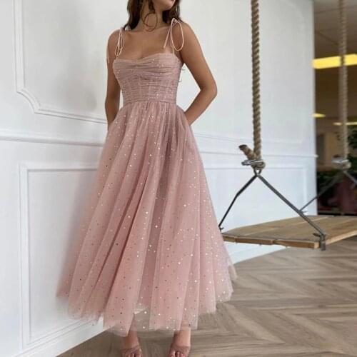 2021 New Peach Pink Dots Stars Tulle A Line Prom Dresses Spaghetti Straps Tea Length Girls Party Gown