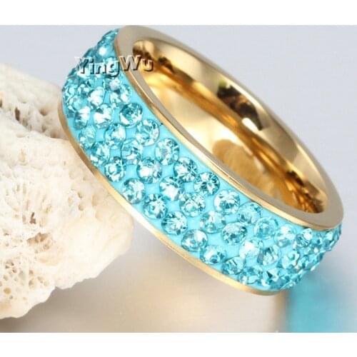 Yingwu Wholesale 5PCS Lot Women Lady 8mm Stainless Steel Solid Blue Rhinestone Engagement Wedding Charm Rings Size 17-21mm