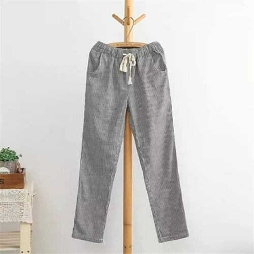 Soft Cotton Linen Women Casual Pants 2020 Fashion Loose Long Pants Elastic Waist Straight Striped Trousers Pantalon