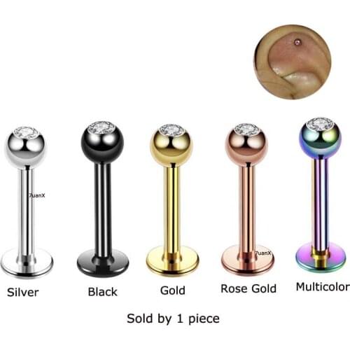 1 Piece Flat Head Labret Stud Lip Ring/Ear Cartilage Tragus Helix Piercing 16Gauge Stainless Steel with Zircon