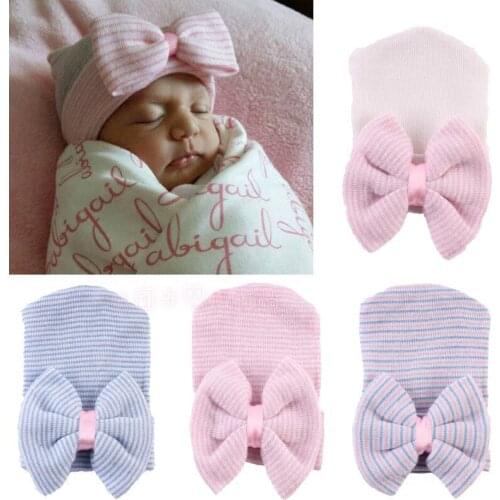 Newborn Baby Hat Toddler Baby Warm Hats Cotton Striped Caps Soft Hospital Pink White Boys Girls Bow Beanies for New Born 0-6M