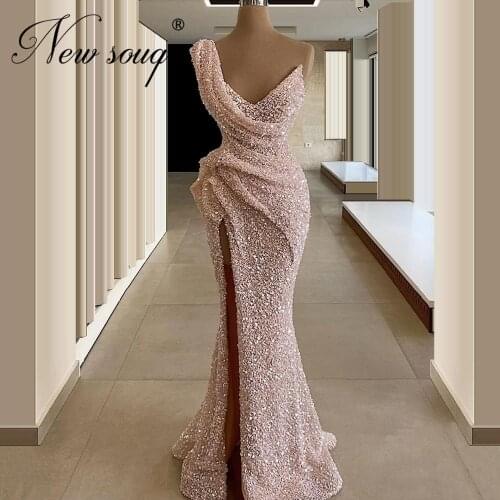 Vestidos De Dubai Long Prom Dresses For Weddings 2020 Pink Glitter Split Silt Evening Dress Saudi Arabic Custom Turkish Kaftans