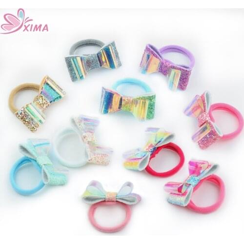 XIMA 10pcs/lot 2.3inch Glitter Hair Bows Girls Elastic Nylon Hair Rings Headband Hairband Shiny PVC Bows Hair Ties Headwear
