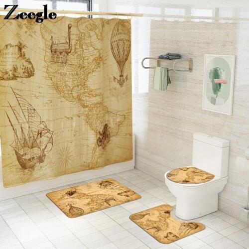 Flannel Bath Mat Map Printed Bathroom Carpet with Shower Curtain Toilet Rugs Bathroom Toilet Seat Cover Mat Bathroom Bath Mats