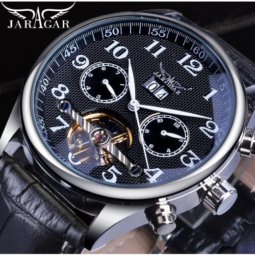 Jaragar Mens Watches Automatic Tourbillon Mechanical Watch Black Calendar Clock Leather Strap Business Wristwatch Relojes Hombre