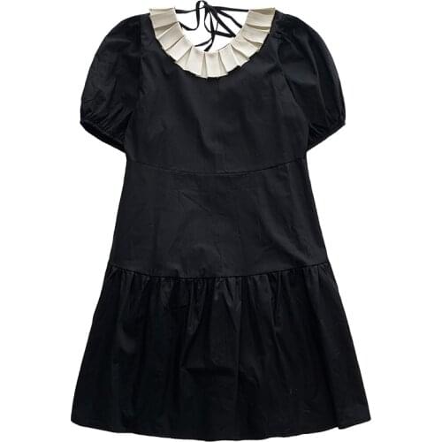 Japanese sweet lotus leaf color matching collar Bubble Sleeve loose dress