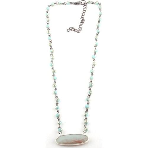 MOODPC Fashion Jewelry 4mm Blue Glass Rosary Link & Chain Stone Amazonite Charm Choker Necklaces For Women Ethnic Necklace