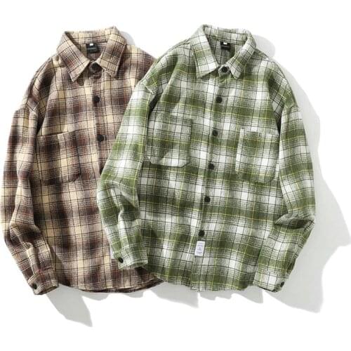 Men Shirt Thick 2021 New Arrival Spring And Autumn Pocket Checkered Loose Stripe Male Shirt Korean Style Green Khaki S132