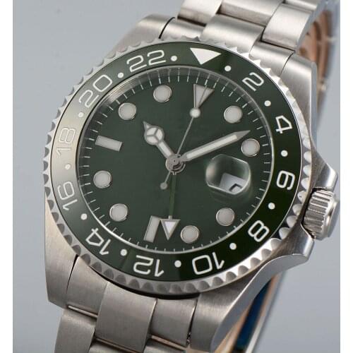 40MM Green Dial Sapphire Crystal Ceramic Bezel Date Glass Case Back GMT Automatic Mens Wristwatch