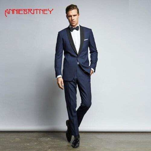 2018 navy blue men suit for wedding evening party satin shawl lapel classic jacket custom blazer slim fit formal tuxedo 2 piece
