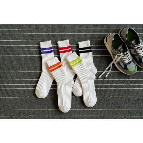 New Mens Socks Thick Thread Double Needle Thickened Two Bars Striped Two Bars Sports Cotton Socks Pure Medium Long Tube Socks