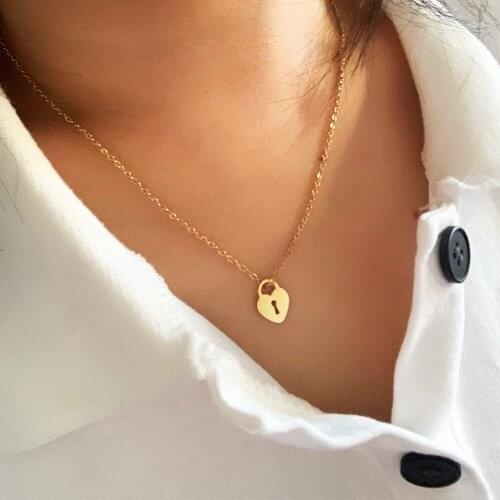 New Stainless Steel Love Heart Lock Shape Pendant Necklace Cute Gold Color Mini Charm Chain Women Men Unisex Fashion Jewelry