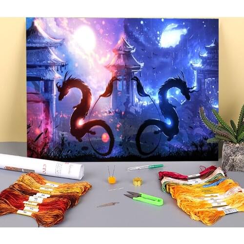 Scenery Day And Night Printed Water-Soluble Canvas 11CT Cross Stitch Kit Embroidery DMC Threads Painting Handmade Mulina