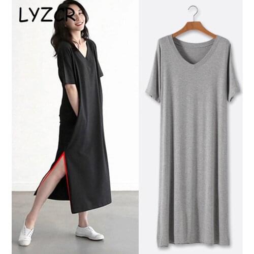 LYZCR Womens Long Maxi Dress Causal Split Short Sleeve Women T Shirt Dresses Summer 2019 Loose Office Dress Female Slim