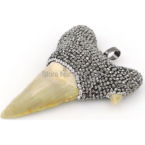 Natural Shark Tooth Pave CZ Pendants Black Gun Plated, CZ Paved On The Top Approx 60*45*17mm