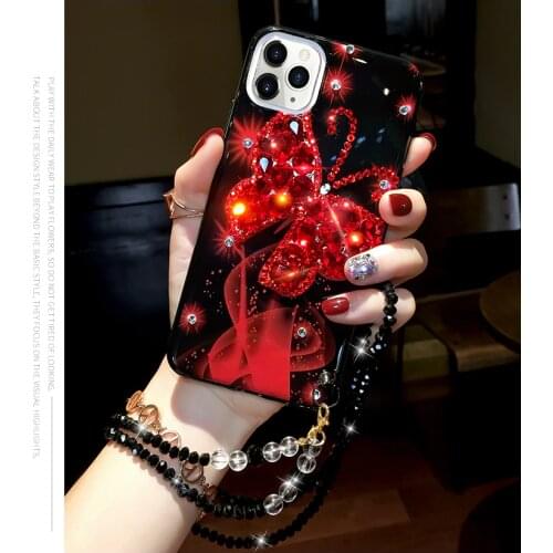 Luxury Fashion Bling Beautiful Diamond Butterfly Crystal Chain Case Cover For Iphone 12 Mini 11 Pro XS Max XR X 8 7 6 6S Plus SE