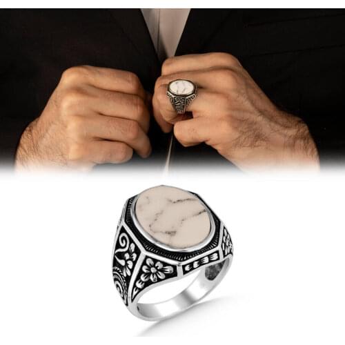 Silver Men Flower Motif Ring White Turquoise Gemstone Ring Handmade Men Jewelery Top Quality Ring 925 Sterling Silver