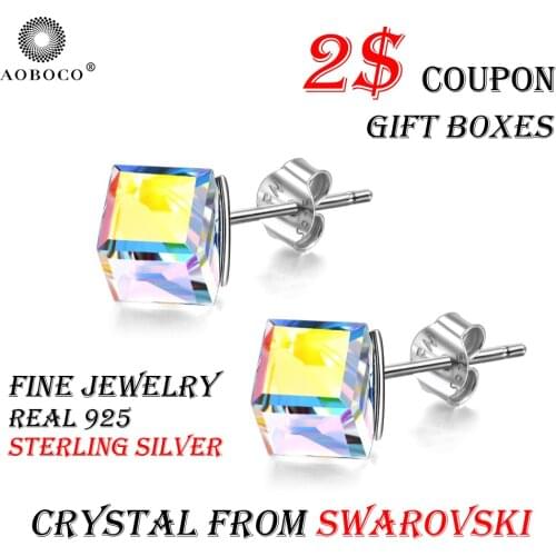 AOBOCO Sterling Silver Cube Stud Earrings Jewelry Crystal From Swarovski With Gift Box Earrings For Women Jewerly High Quality
