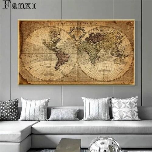 A Vintage Old Art Picture on A World Map, Canvas Painting, for Living Room Print Posters, Exaggerating Wall Art, Home Decoration