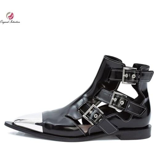 Original Intention Popular Women Ankle Boots Pointed Toe Flat Heels Boots Buckles Black White Shoes Woman Plus Size 4-10.5