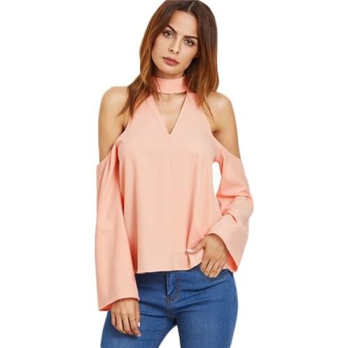 Customize Ladies Plus Size Office Shirts Women Fashion Long Sleeve Pink Cutout Choker Cold Shoulder Top Chiffon Blouse