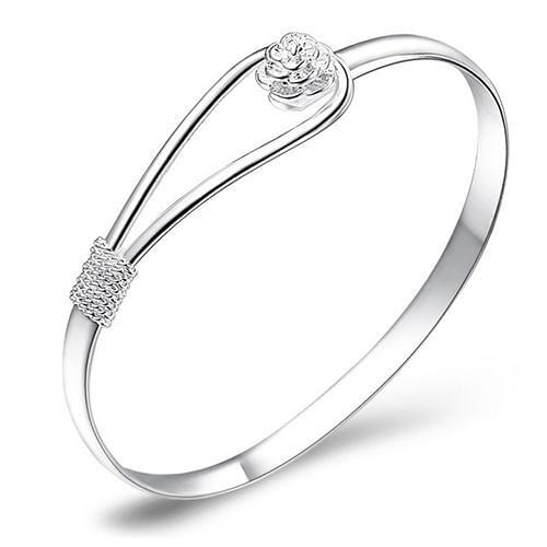 Womens Simple Elegant Silver Plated Rose Decor Circle Cuff Bangle Bracelet
