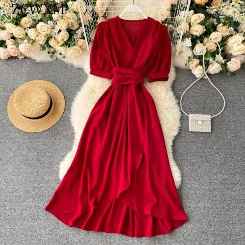 2021 New Fench Style Women Dresses Solid Puff Sleeve Temperament Vestidos Sashes Irregular Split Ruffles Female Dress
