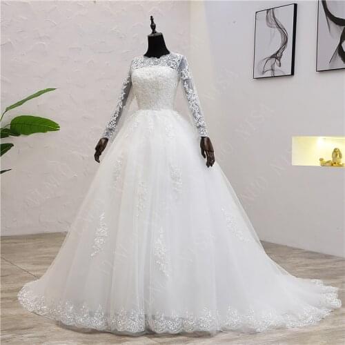 Off White O Neck Muslin Plus Szie Wedding Dresses Long Sleeve Lace Appliques Sweet Train Embroidery Princess Bridal Dress Novia