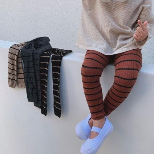 2020 Korea style 0-8Y Kids Tights Leggings Fashion Striped High Waist Pants for Girls Boys Black/Beige/Brick Red/Grayish Blue