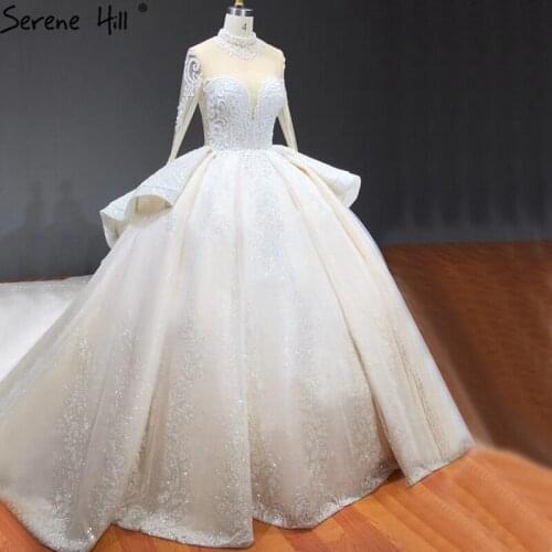 Dubai Ivory High Collar Sexy Wedding Dresses 2021 Long Sleeve Beading Diamond Luxury Bridal Gowns HA2395 Custom Made