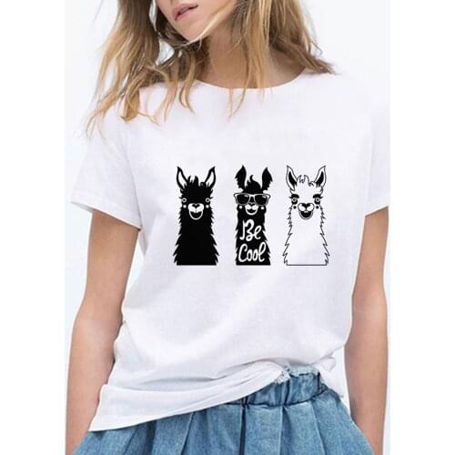 Free Shipping Women Tee Shirt Womens T-Shirt Alpaca Kawaii Summer Oversize Loose Fashion Ropa Mujer Soft Girl Aesthetic Clothes
