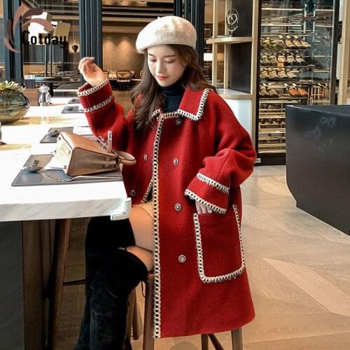 Cotday 2021 New Arrivals Spring Double Breasted Lapel Red Women Little Fragrance Preppy Style Sweet Jacket Woolen Blend Coat