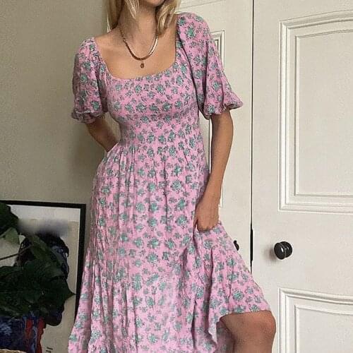 Jastie 2021 Summer Womens Dress Cross Back Straps Puff Sleeve Square Neck Floral Print Mini Dress Beach Party Bohemian Dresses