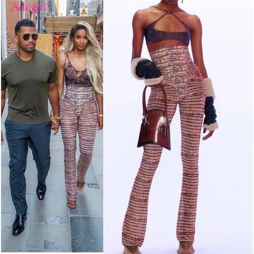 Adogirl Leopard Striped Print Two Piece Set Women Sexy High Waist Hollow Out Pants Off Shoulder Long Sleeve Corset Crop Tops