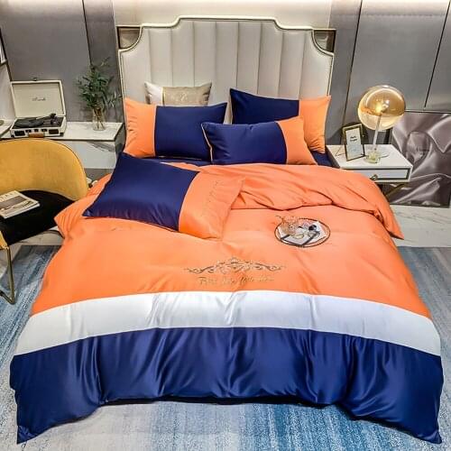 Papa&Mima Orange Solid Stripes Embroidery Queen King Size Flat Sheet Duvet Cover Set Rayon Satin Polyester Bedding Set Bedlinens