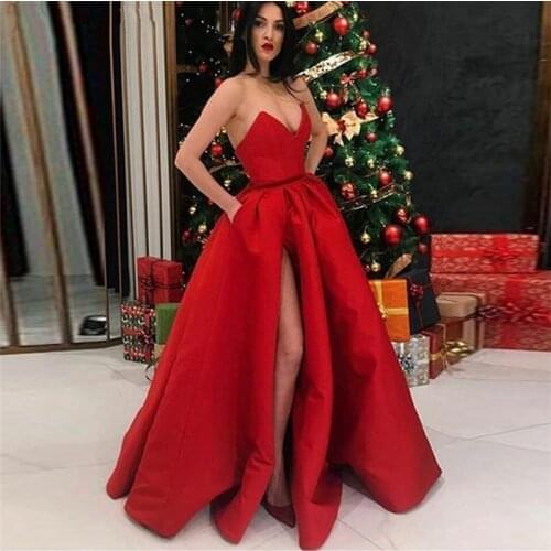 Red robe de soiree New Long Prom Gown with Pockets Sweetheart Ball Gown V Neck High Split Satin Party Prom Dresses