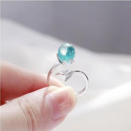 Milangirl Ofertas Wholesale Creative Fashion Blue Crystal Mermaid Bubble Opening Rings for Women Wedding Birthday Jewelry