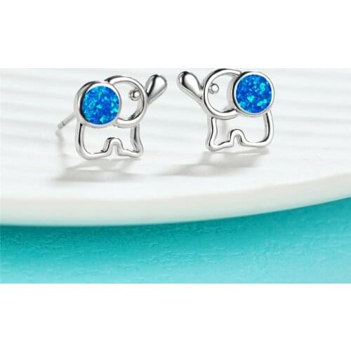 Cute Female Round Opal Stone Earring Rose Gold Silver Color Wedding Earrings Charm Hollow Elephant Small Stud Earrings For Women