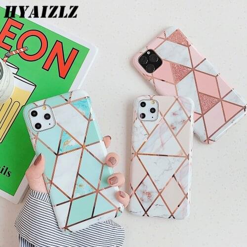 Marble Phone Case for iPhone 12 11 Pro Max XS XR SE 2020 6s 7 8 Plus Soft IMD Plating Rhombus Glossy Slim Fit Protect Back Cover
