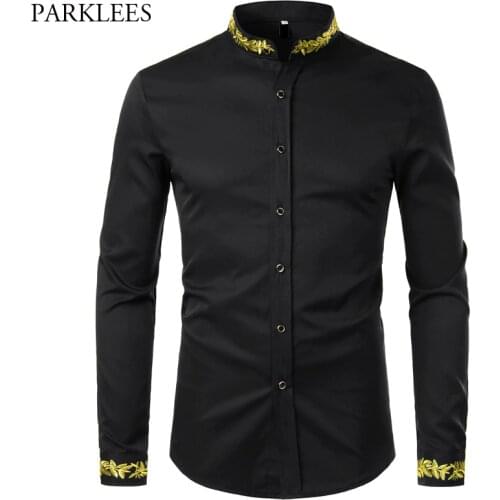 Black Gold Embroidery Shirt Men 2020 Spring New Mens Dress Shirts Stand Collar Button Up Shirts Chemise Homme Camisa Masculina