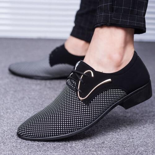 Sz 38-48 Mens Leather Concise Shoes Mens Business Dress Pointy Plaid Black Shoes Breathable Formal Wedding Basic Shoes