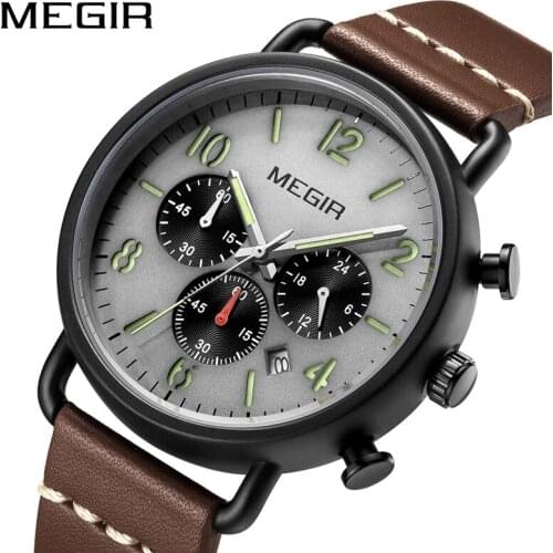 Quartz Men Watches Chronograph Luminous Sports Mens Wrist Watch Man with Leather Strap 30M Waterproof Mens Watch MEGIR 2158G