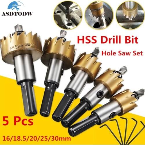 1/5PCS 16-30mm Tooth HSS Stainless Steel Hole Saw Drill Bit Set with 5 Wrench for Wood Metal Alloy
